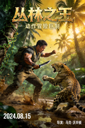 动作冒险电影《丛林之王》海报 - 主角在热带雨林中与野兽搏斗的激烈场景